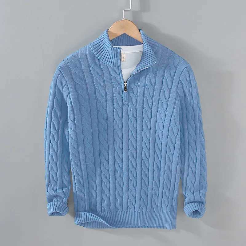 2025 New Autumn Winter Men Pullover Sweater Men Stand Collar Half Zip Cotton 100% Thickened Knit Solid Color High Street Clothes Z250621