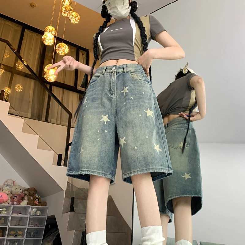 Neploe American Vintage Washed Star Denim Shorts Y2k High Waist Straight Wide Leg Jeans 2025 New Loose Knee-Length Pants W250621