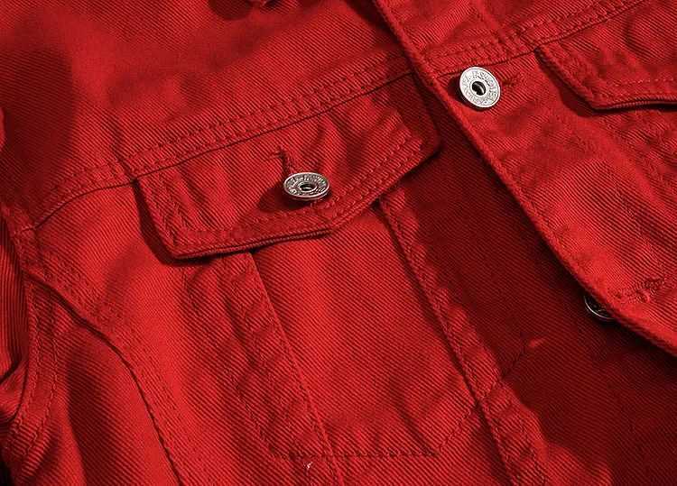 Spring Autumn New Fashion Mens Casual Trendy Red Solid Color Hole Patched Jeans Jacket Long Sleeve Motorcycle Denim Coat MaleXJ250621