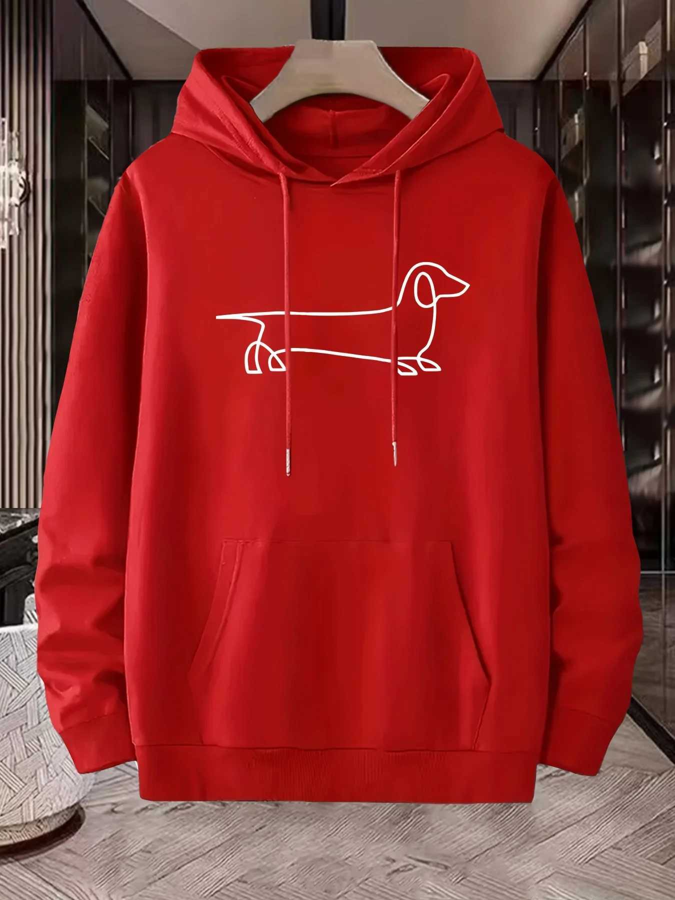 Mens Loose Hooded Sweatshirt - Geometric Dachshund Dog Print Hip-Hop Streetwear Style Autumn Winter Casual Pullover for Men XJ250621