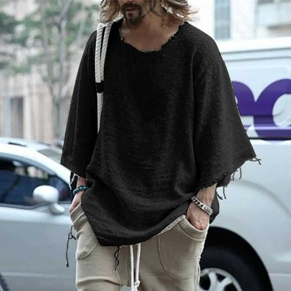 Men T-shirt Cotton Blend Casual Solid Color Burrs Edge T-shirt Leisure Individual Old Style Loose Type Ripped Edge Loose T-shirt Z250621