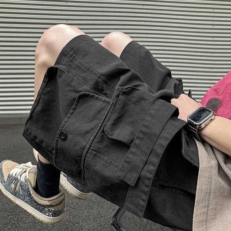 Oversize with Draw String Short Pants for Men Loose Big Size Long Baggy Bermuda Multi Pocket Wide Solid Mens Cargo Shorts Half W250621