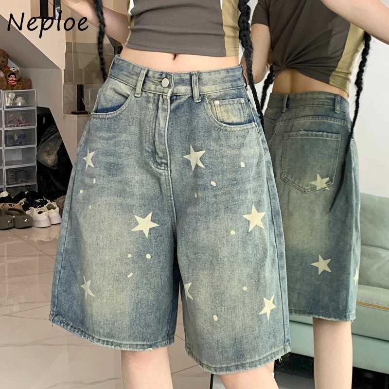 Neploe American Vintage Washed Star Denim Shorts Y2k High Waist Straight Wide Leg Jeans 2025 New Loose Knee-Length Pants W250621