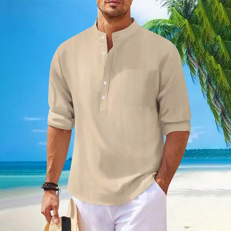 Cotton Linen Hot Sale Mens Long-Sleeved Shirts Spring Autumn ventilate Solid Color pocket Stand-Up Collar Casual Beach Style XJ250621