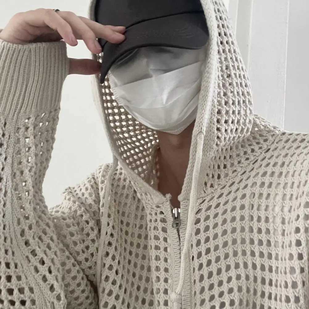 Fall Winter Men Cardigan Jacket Hip Hop Hollow Out Hooded Sweater Zipper Solid Color Cardigan Male Coat Z250621