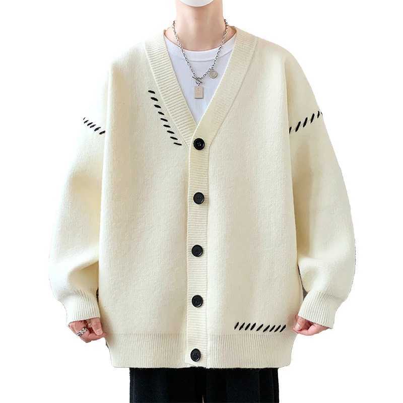 Autumn Winter V-Neck Knit Cardigan Men Harajuku Patchwork Loose Knitted Sweater Outerwear Coat Mens Fashion Casual Streetwear Z250621