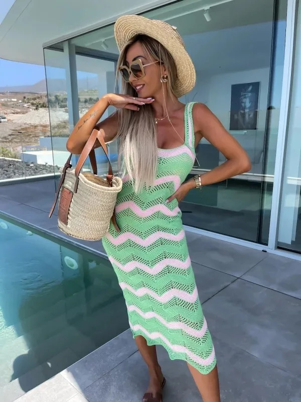 Chic Women Wave Stripe Hollow Knitted Dress Summer Beach Dress Vestidos Sexy Square Neck Sleeveless Wrapped Club Dress Vestidos 250617