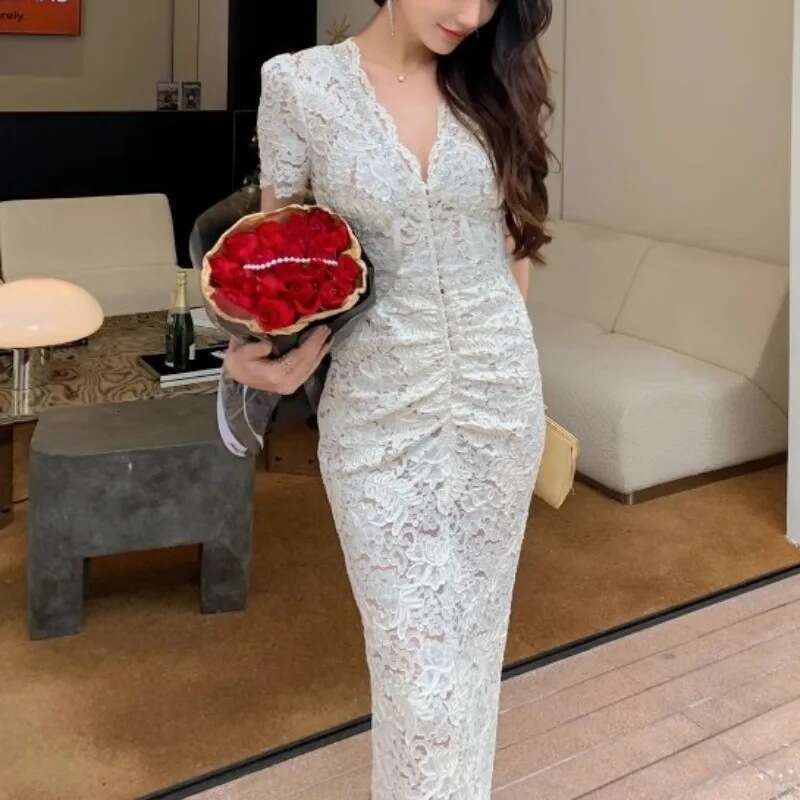 Long Dress Star Style Heavy Embroidered V Neck High Waist Lace Hollow Out Slim Fit Bodycon Socialite Elegant Dress For Women SP Sexy Long Skirt