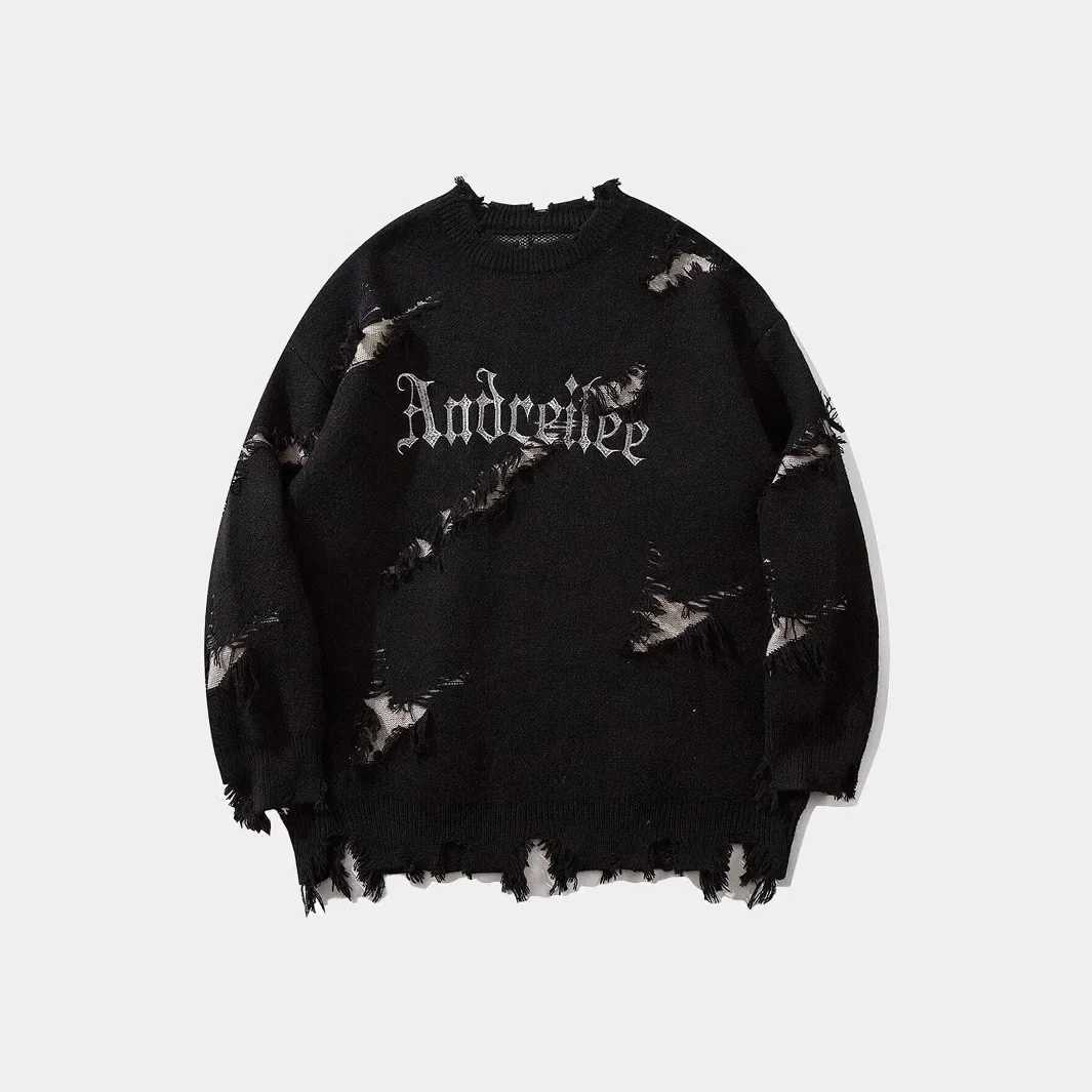 American style dark style trendy perforated letter jacquard contrasting color personalized street loose unisex sweater Z250621