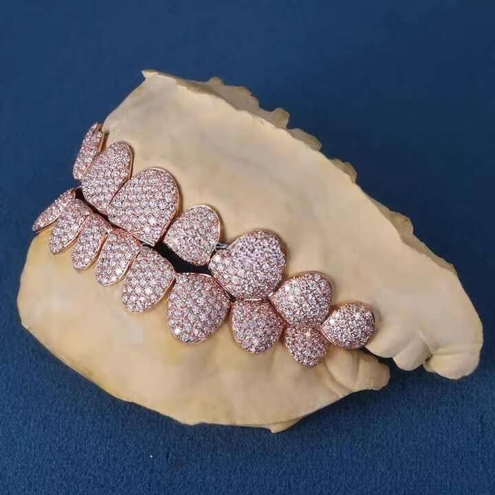 Hip Hop Rose Gold Iced Out Grillz Top Bottom Cubic Zircon Moissanite Diamond Teeth Decoration 10k 14k 18k Gold 925 Silver Teeth