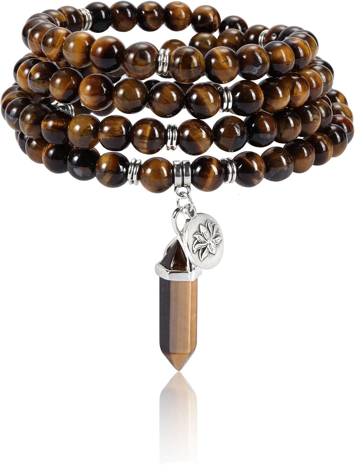 108 Mala Beads Bracelet 8mm Natural Amethyst Rose Quartz Healing Crystal Stone Mala Prayer Bead Necklace Hexagonal Prism Gemstone Reiki Pointed Pendan