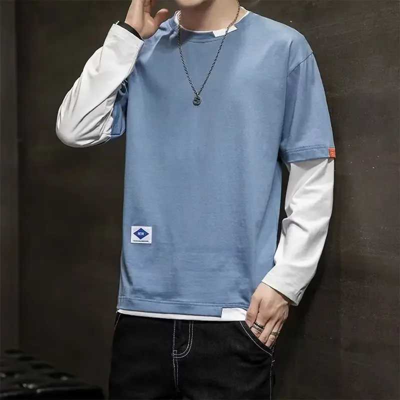 Mens Long Sleeve T-Shirt Base Layer Top Korean Style Two-Piece Illusion Round Neck Slimming Effect Autumn ClothingXJ250621