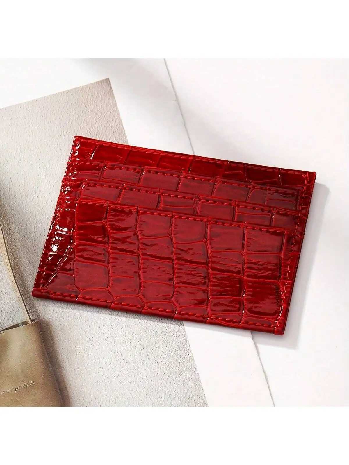 Chic Burgundy Embossed Faux Leather Card Holder - Compact Lightweight Open Top Design for Easy Access No-Lining Fashion Wall Z250621