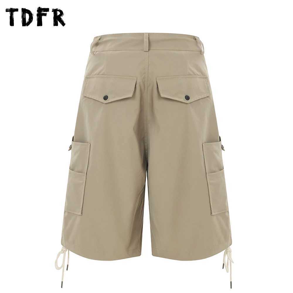 Multi-Pocket Pleated Cargo Shorts Mens Solid Color Safari Style Summer Drawstring Elastic Loose Wide Leg Waist Cropped Trousers W250621