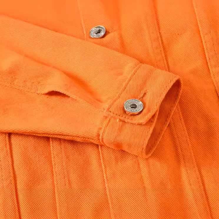 Spring Autumn New Fashion Mens Casual Trendy Orange Multi Pocket Solid Jeans Jacket Korean Loose Long Sleeve Denim Jacket Coat XJ250621