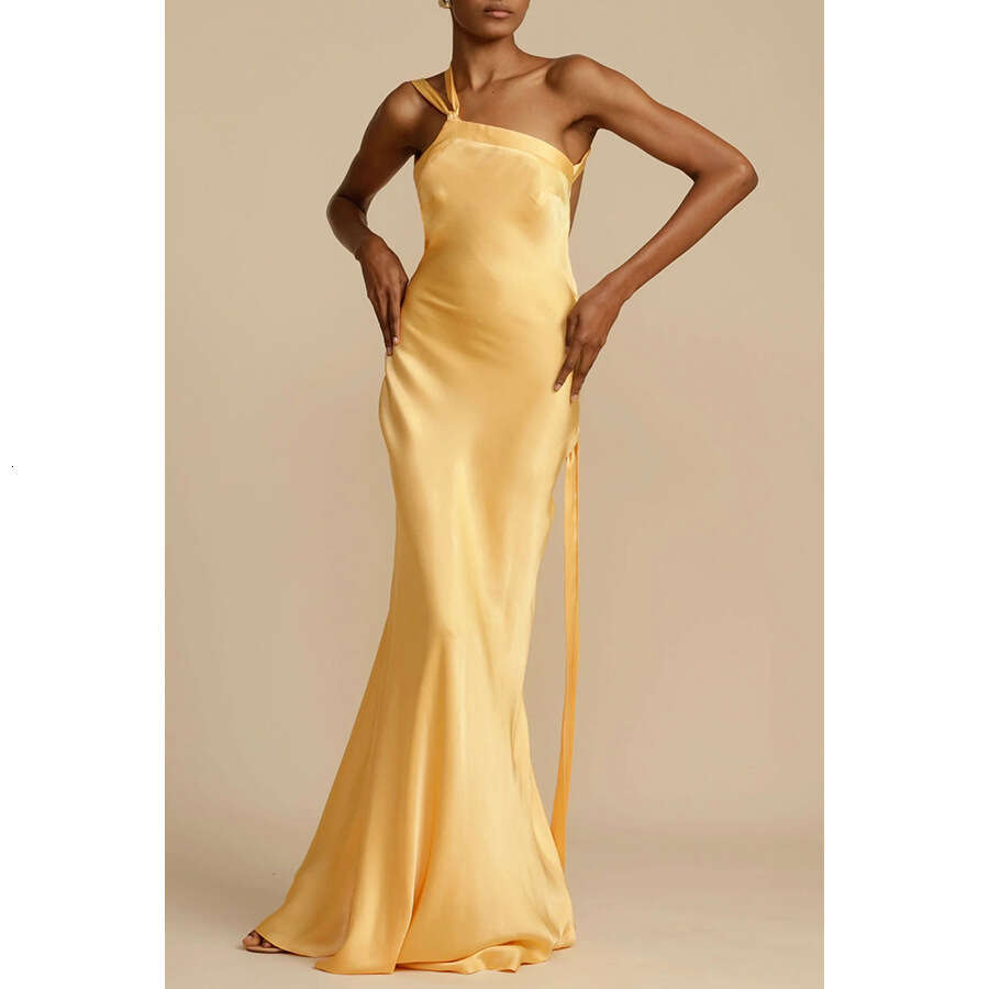 Long Dress Spring Summer New Party Asymmetric Shoulder Slim INS Casual Fashion Satin Dress Sexy Long Skirt