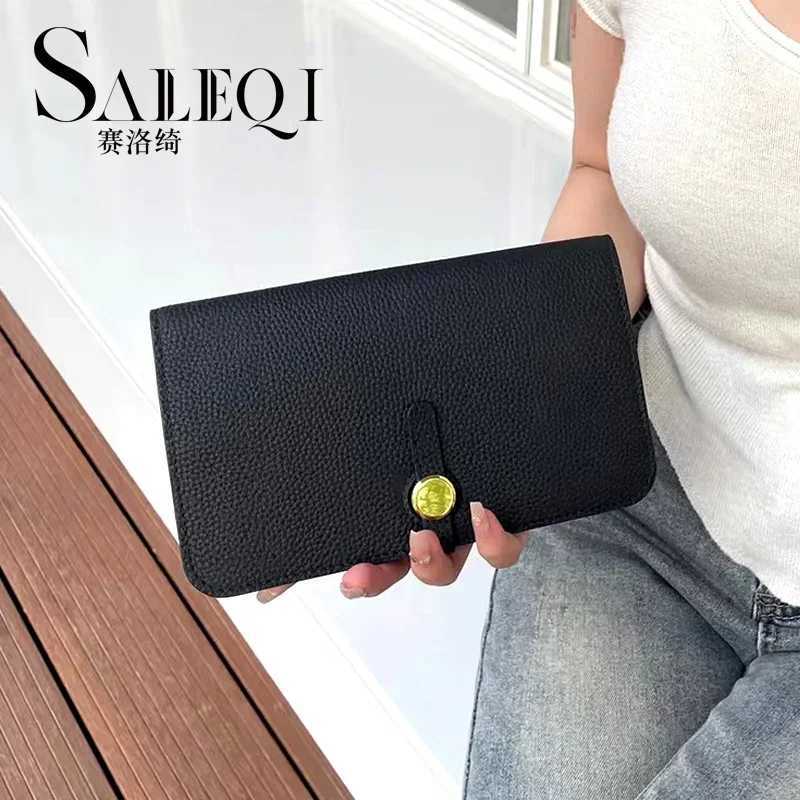 Genuine leather long ladys handbag with multiple compartments fashionable wallet large capacity thin passport clip gold Z250621