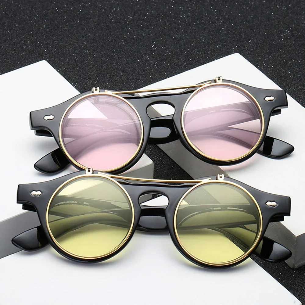 XaYbZc 2025 Fashion Vintage Round SteamPunk Flip Up Sunglasses Classic Double Layer Clamshell Design Sun Glasses Oculos De Sol W250621
