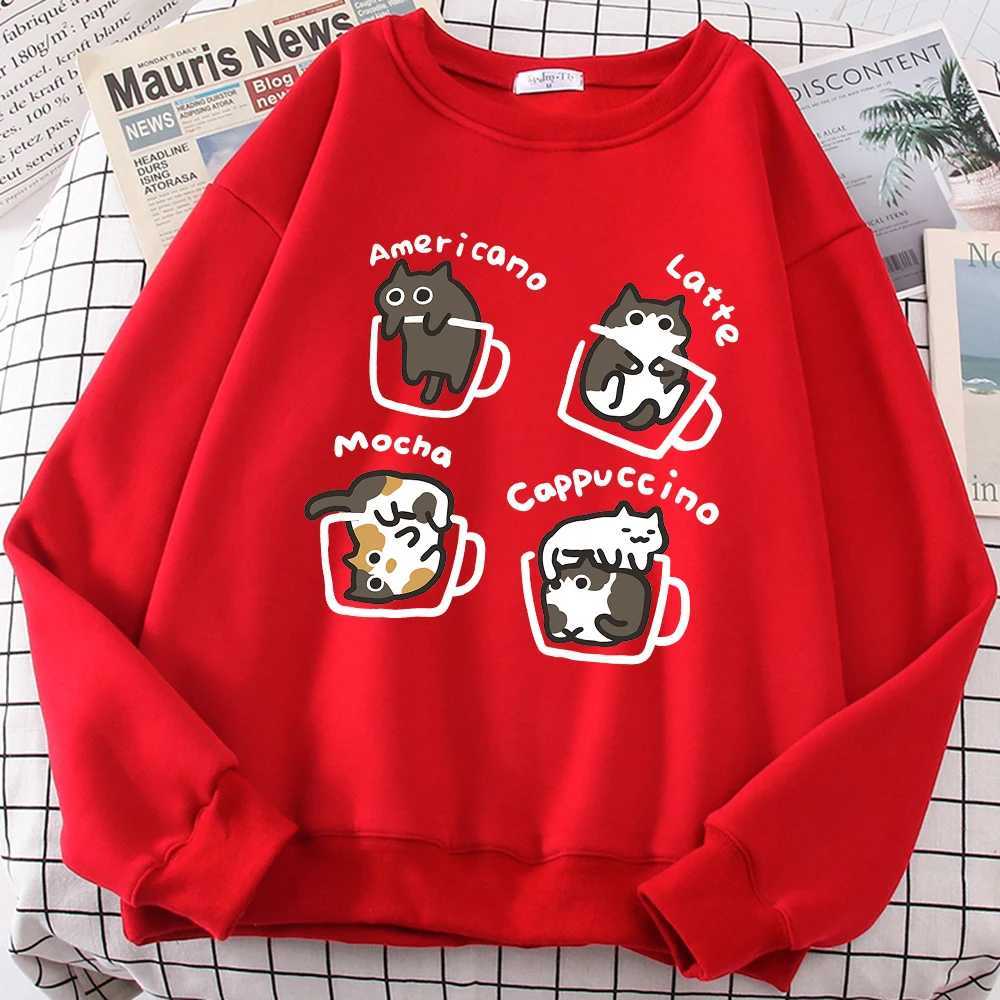 American Style Coffee Cat Cute Print Cartoons Hoodie Men Women Sweatshirt Loose Warm Clothes Personality Autumn Hoody Couple XJ250621
