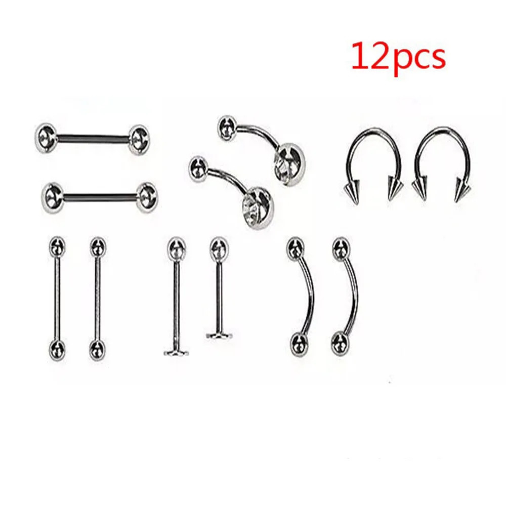 12/60/85 Mixed Body Piercing Jewelry Stainless Steel Nose Ring Tongue Nails Navel Eyebrow Nails Lip Piercing Jewelry 250617