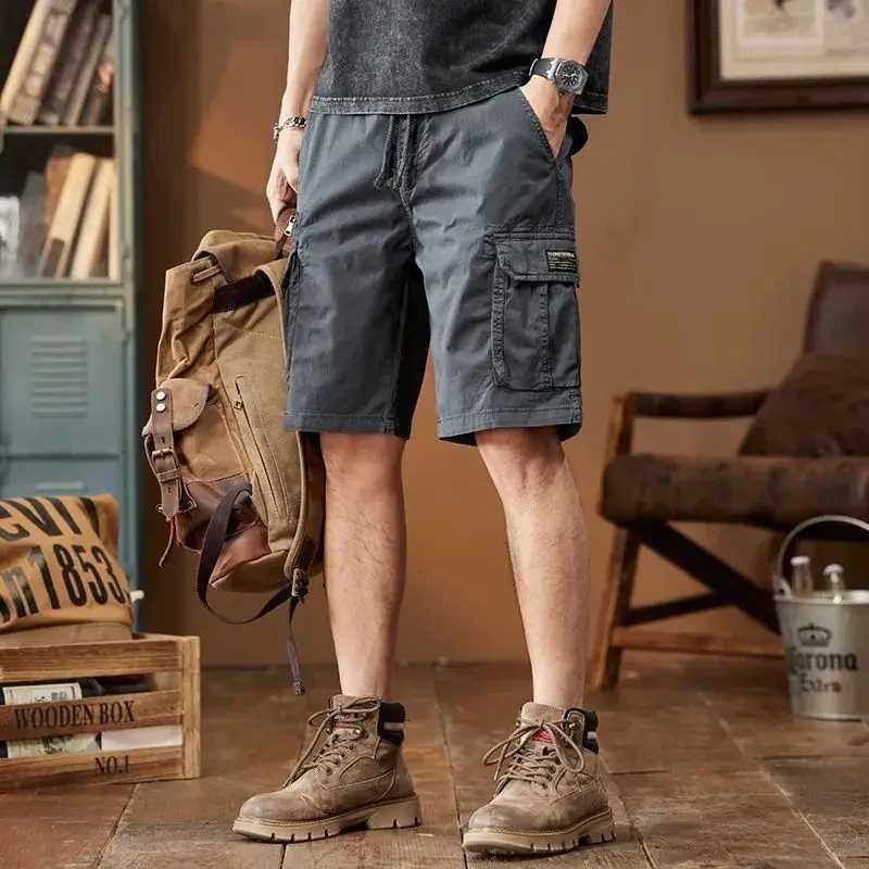 Mens Short Pants Elastic Waist Black Cotton Cargo Shorts with Pockets 2025 Fashion Y2k Summer Clothes Wide Popular New In W250621