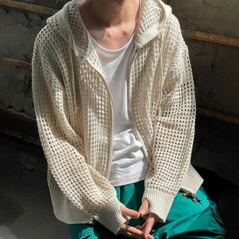 Fall Winter Men Cardigan Jacket Hip Hop Hollow Out Hooded Sweater Zipper Solid Color Cardigan Male Coat Z250621