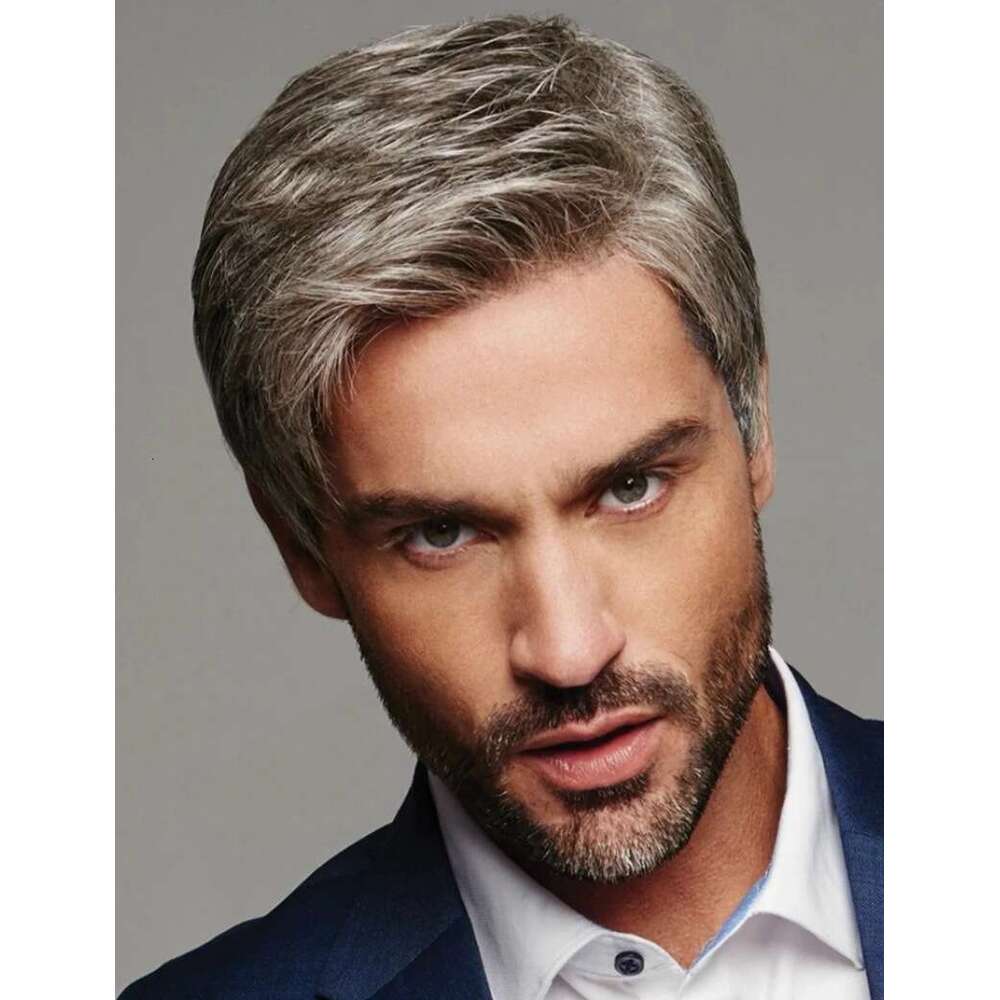 New Men's Brown Gray Side Part Wig For Men