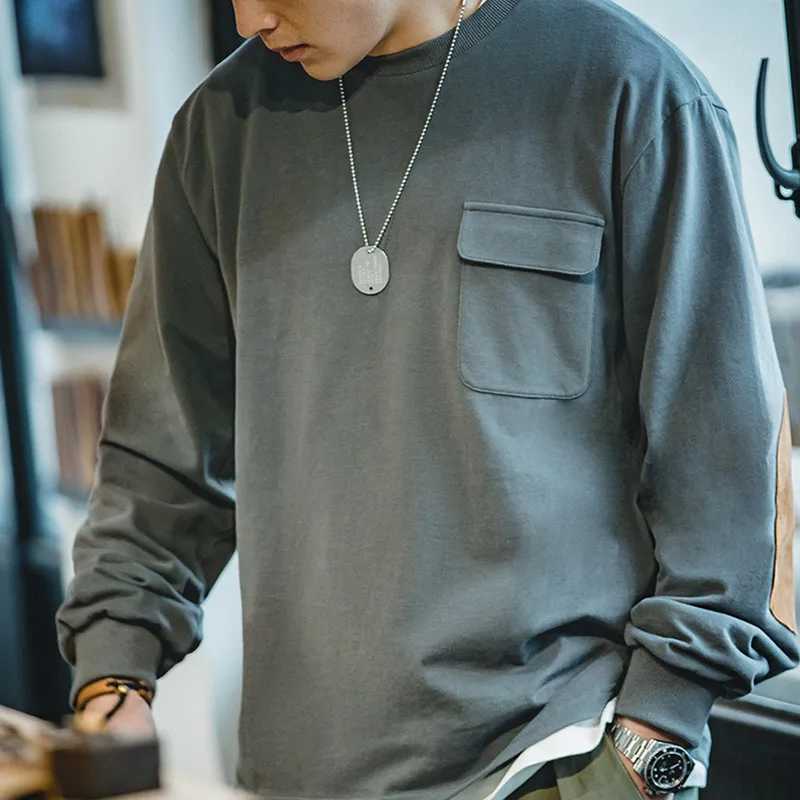 Maden Japanese Vintage Long Sleeve T-shirt for Men Patchwork Pocket Loose O-neck Tops Solid Color 100% Cotton Casual Sweatshirt XJ250621