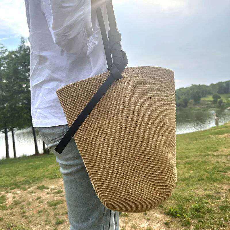 Meet You Summer Large Capacity Raffia Woven Straw For Women 2025 Commuter Bucket Shoulder Travel Shopping Beach Bag