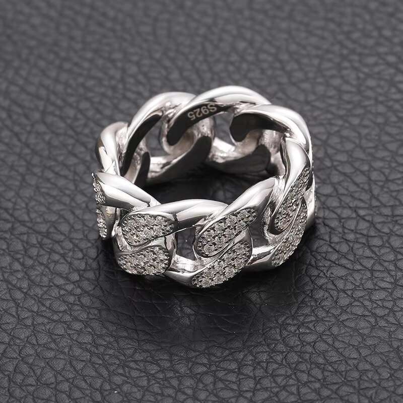 Blues Luxury Design Sterling Silver 925 Cuban Ring High Quality Gold Color Iced Out Moissanite Cuban Link Ring for Women