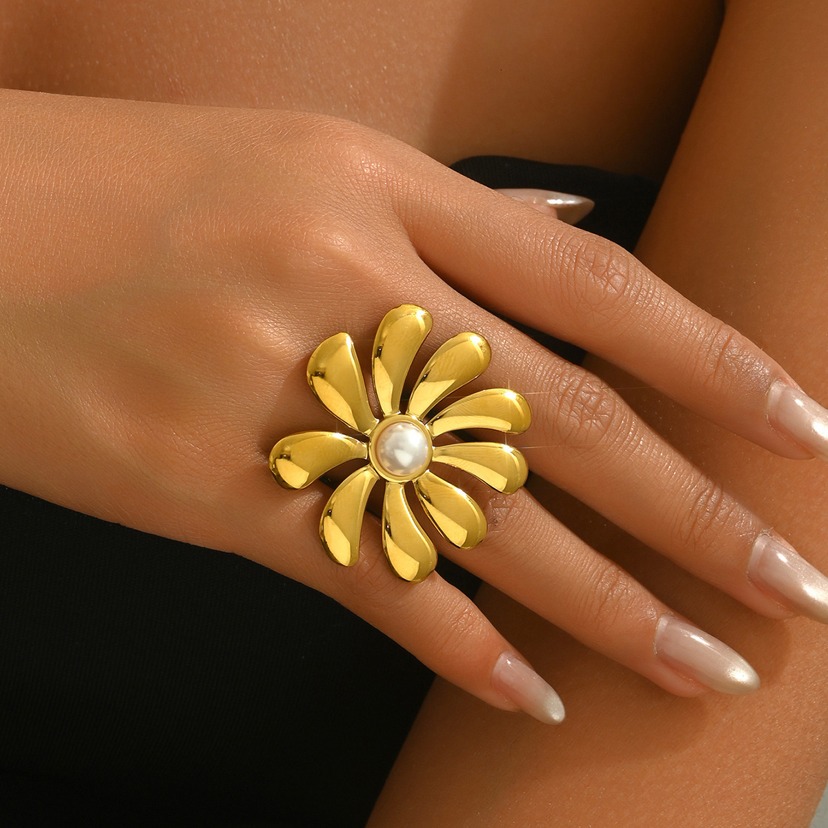 Style Women's Personality Open Design Inlaid Pearl Flower Versatile Index Finger Ring