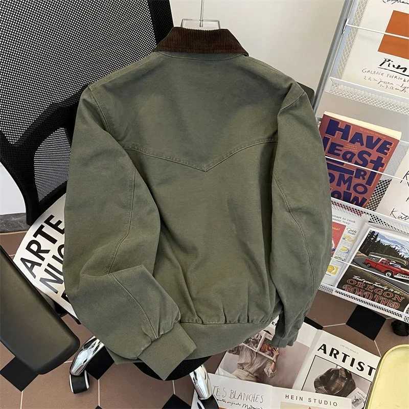 American Casual Workwear Jacket Mens Autumn Cleanfit Retro Lapel Zipper Up Coat Unisex Oversized Motorcycle Patchwork Jacket XJ250621