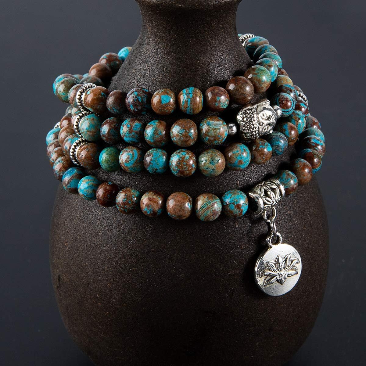 Attract Prosperity Zen 108 Beads Necklace Long Beaded Wrap Bracelets Genuine Gemstone Mala Prayer Beads Lotus Buddha Charm Yoga Meditation Necklace