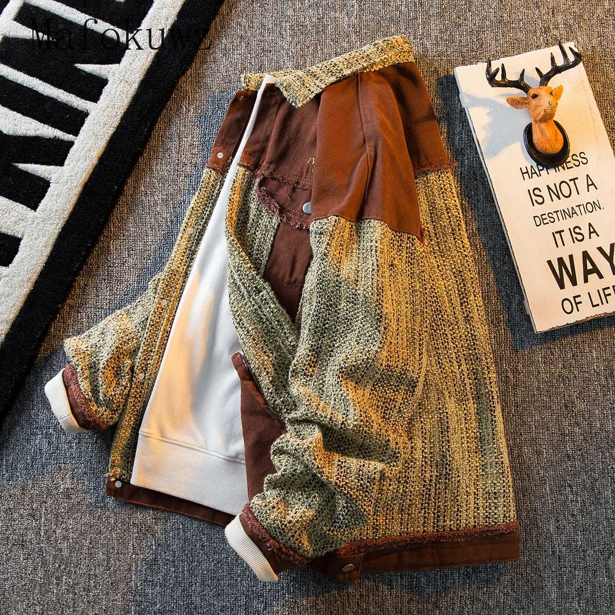 American Style Lapel Patchwork Woven Jackets Couple Retro Handsome Loose Casual Jacket Tops Men Overcoat Male Clothes XJ250621