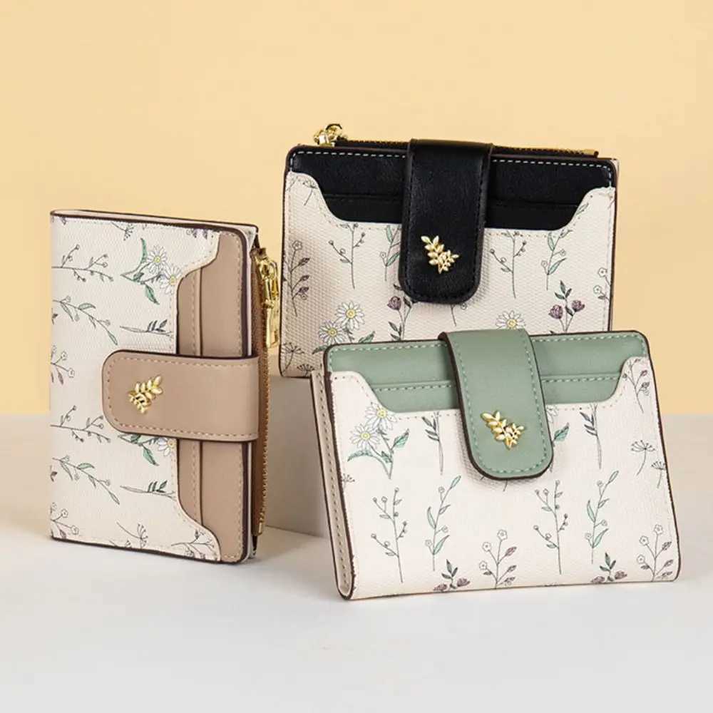 Slim PU Leather Short Wallet INS Multi-Cards Zipper Coin Purse Hasp Small Flowers Card Bag Wallet Zipper Hasp For Women Z250621