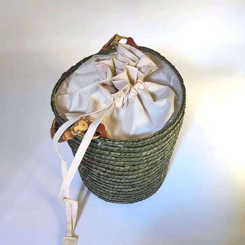 New Bucket Straw Grass Handbag, Genuine Bamboo Handle, Grand Hand Woven Flower Basket, Forest Style Women's Bag