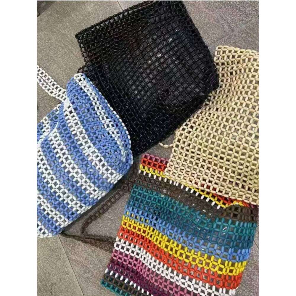 Women Woven Summer Design Hollow-Out Wooden Bead Bucket Shoulder Bag Netted Beach Handbag