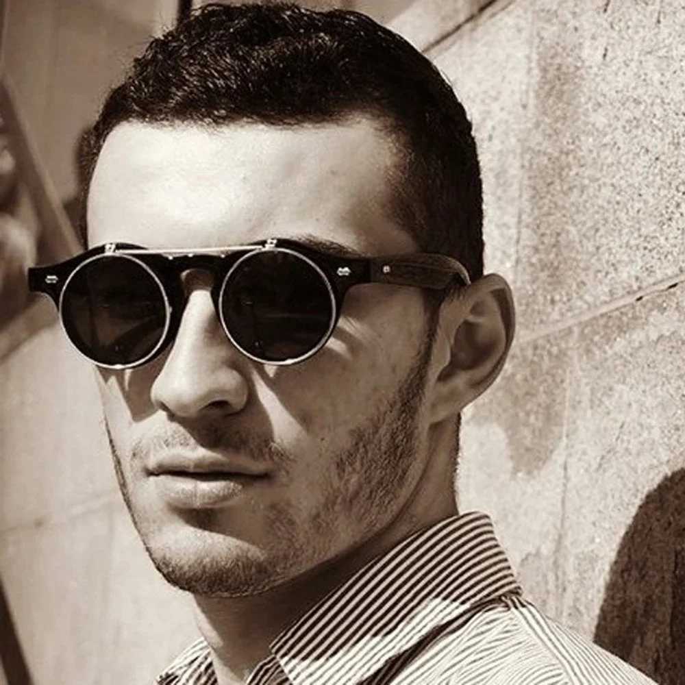 XaYbZc 2025 Fashion Vintage Round SteamPunk Flip Up Sunglasses Classic Double Layer Clamshell Design Sun Glasses Oculos De Sol W250621