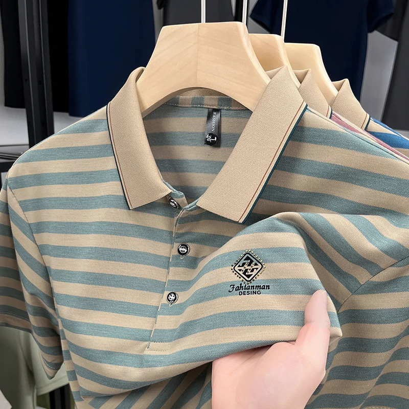 Light men summer lapel short sleeve Tshirt trendy polo shirt fashion stripe letters embossy casual mens wear 250610A