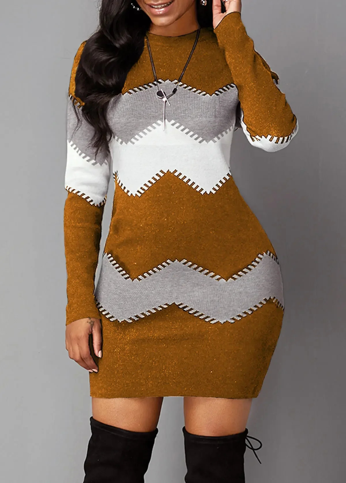 Autumn/Winter Womens Mid length Short Skirt Round Neck Long Sleeve Knitted Bottom Wrap Dress for Women 250617