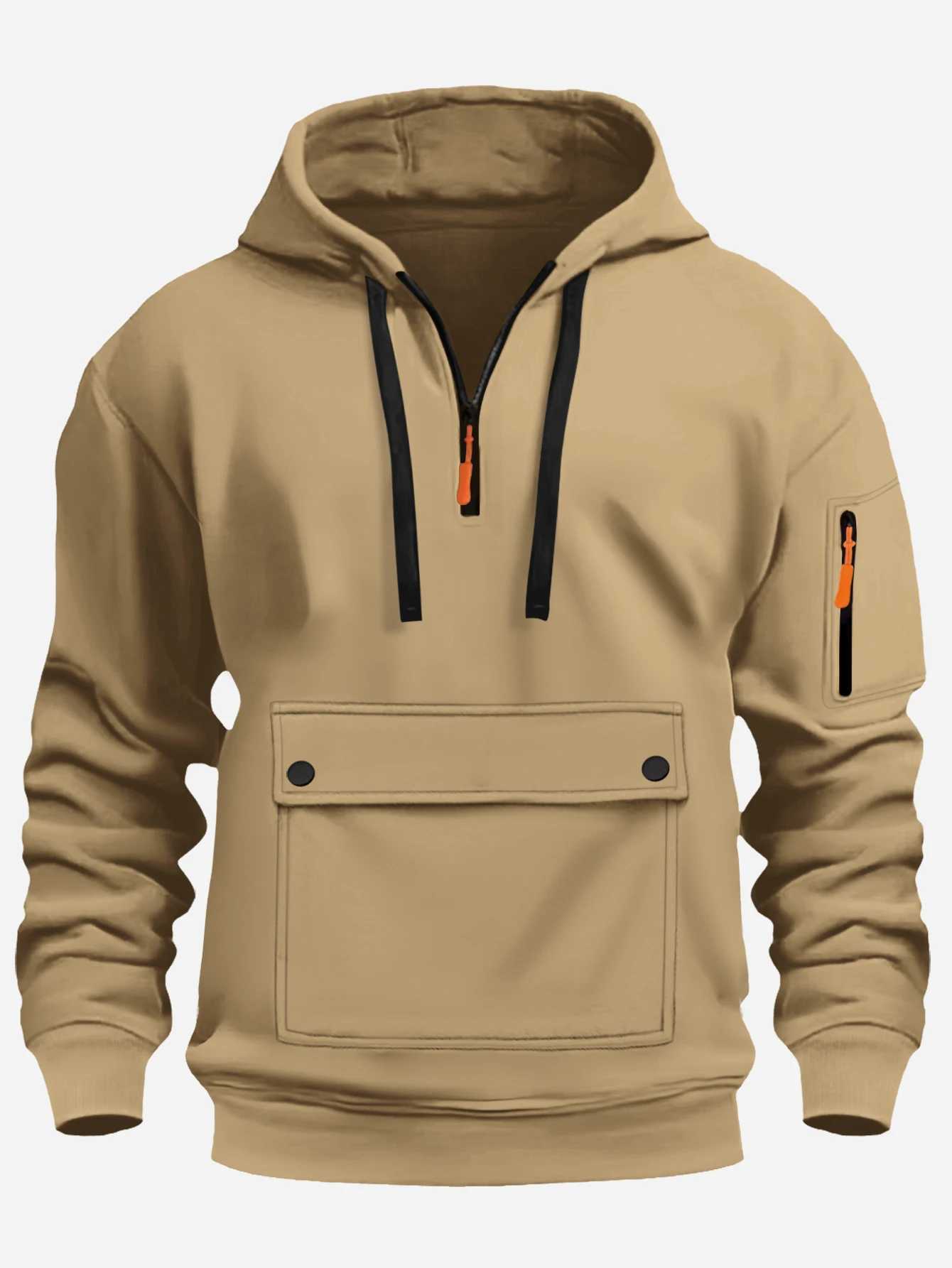 Mens casual large pocket zipper hoodie - solid color long sleeve autumn and winter sports and leisure trendy street style polyester XJ250621