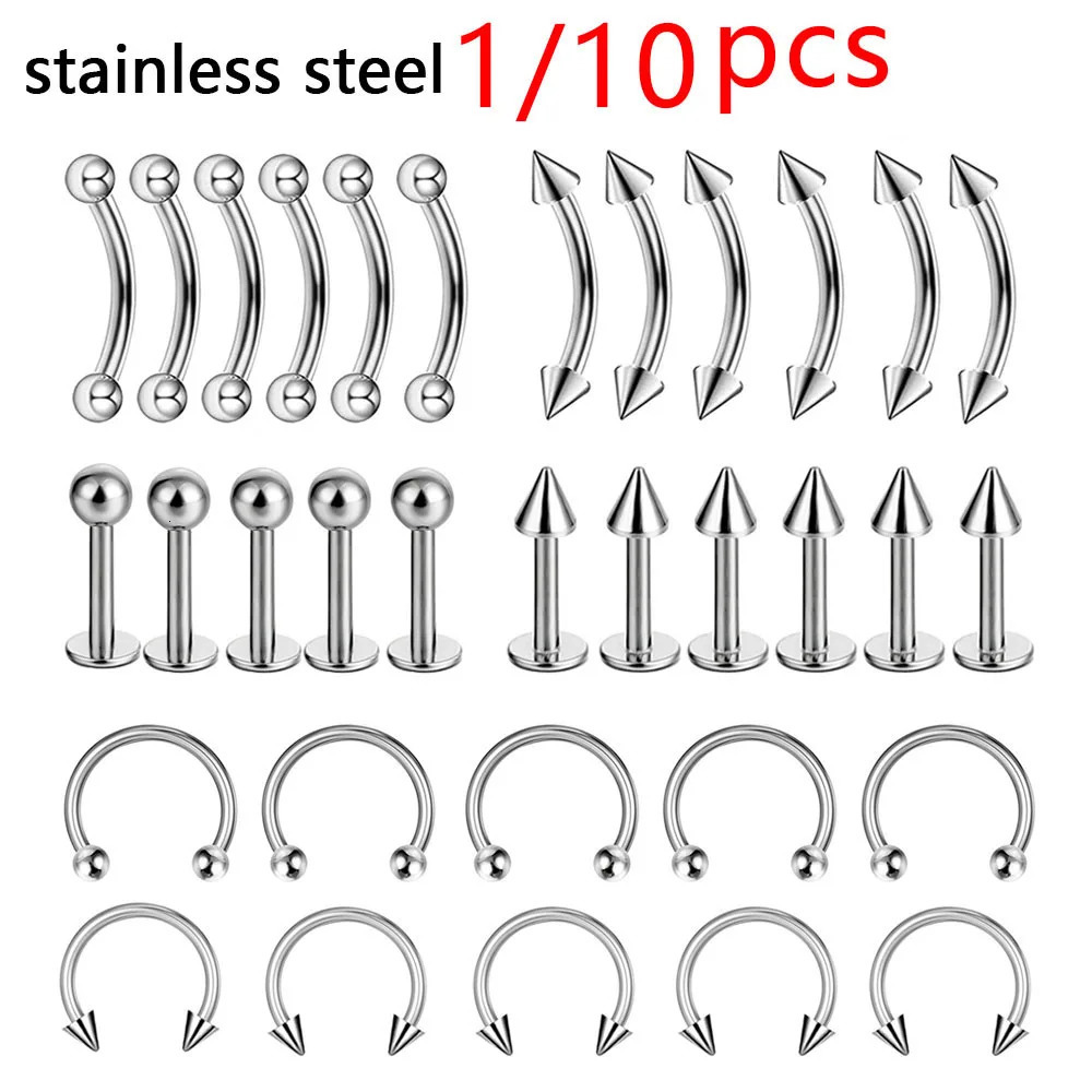 1/10pcs Stainless Steel Body Piercing Wholesale Jewelry Nose Ear Belly Lip Stud Eyebrow Bar 14G Piercing For Women 250617