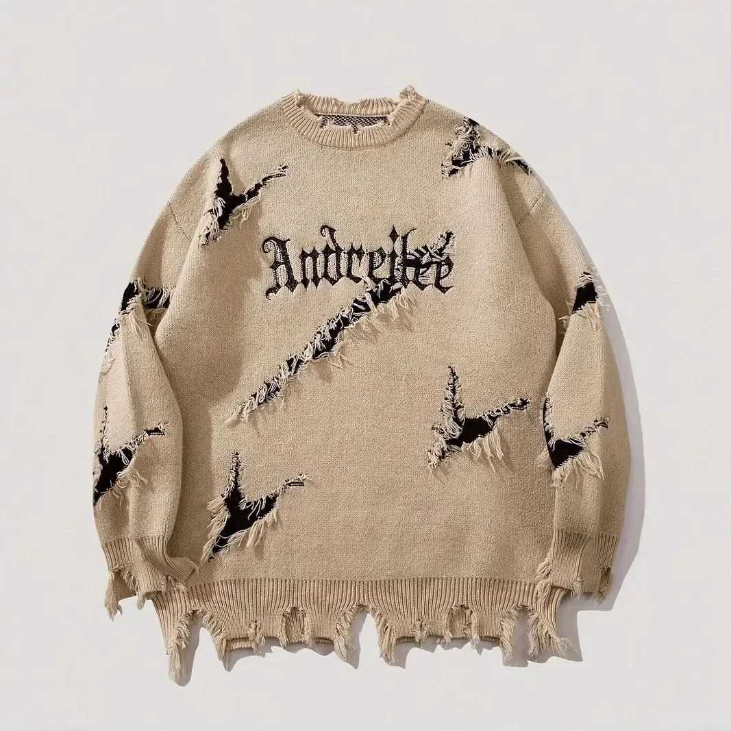 American style dark style trendy perforated letter jacquard contrasting color personalized street loose unisex sweater Z250621