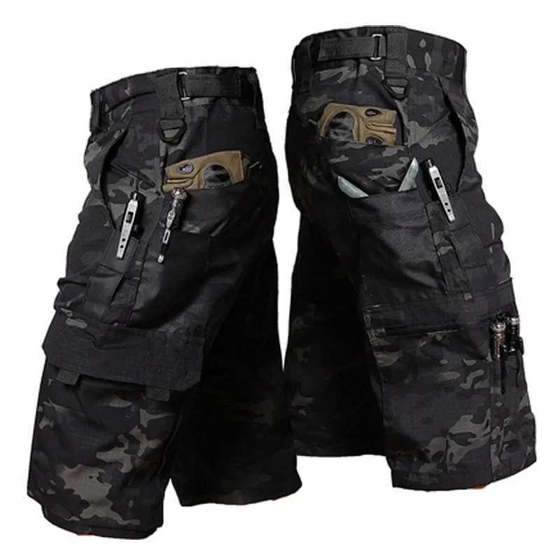 Mens Cargo Shorts Summer Tactical Cropped Pants Outdoor Waterproof Multi-pocket Bermuda Shorts Camo Ripstop Hiking W250621