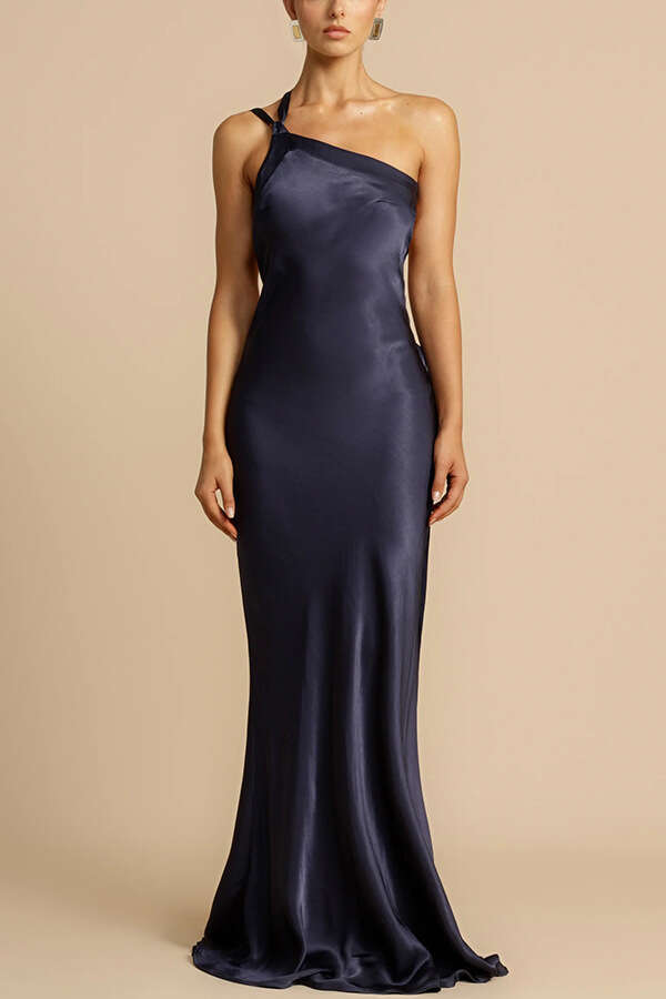 Long Dress Spring Summer New Party Asymmetric Shoulder Slim INS Casual Fashion Satin Dress Sexy Long Skirt