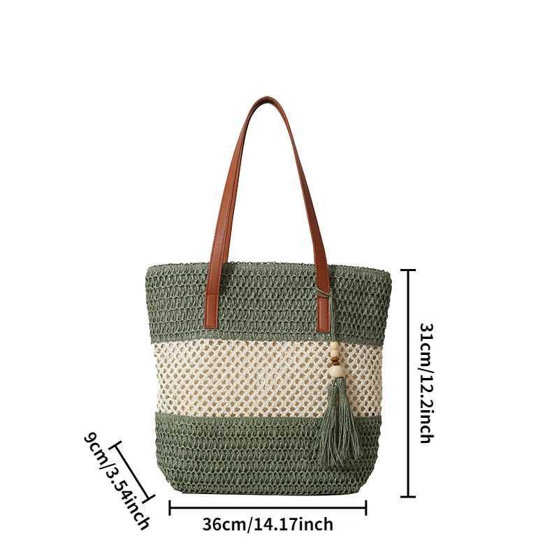 Large capacity braided bag color contrast striped grass braided bag summer new underarm bag shoulder bag XJ250627