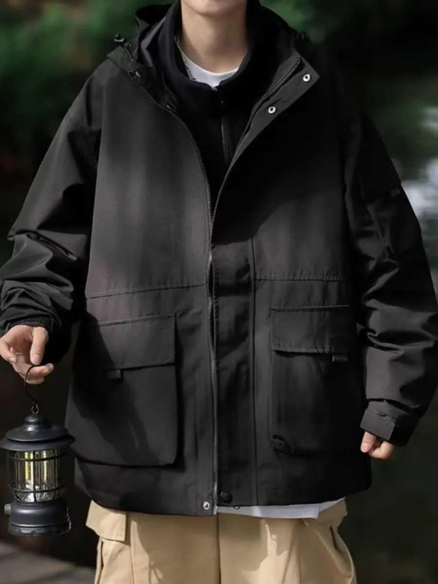 Men Solid Cargo Bomber Jacket Long Sleeve Hooded Trench Coat Military Tactical Jacket Coats Outdoor Zipper Waterproof Outerwear XJ250621