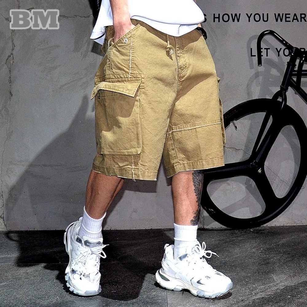 Mens American Vintage Cargo Shorts Khaki Heavyweight Cotton Large Pockets Straight Leg 5-Inch Summer Casual Trendy Loose Fit W250621