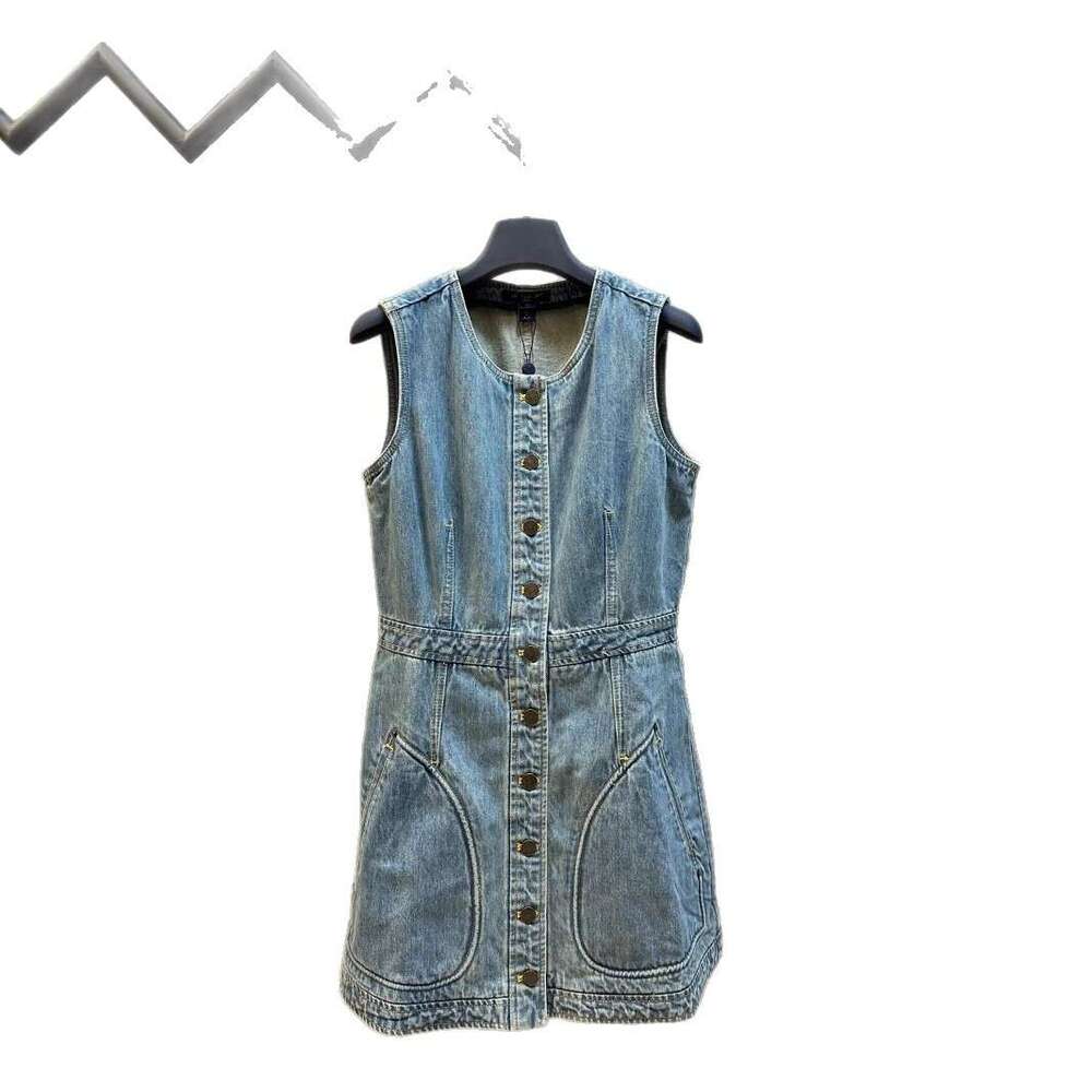 Long Dress Correct High Version Donkey Home Summer New Fashion Versatile Round Neck Button Sleeveless Denim Dress Sexy Long Skirt