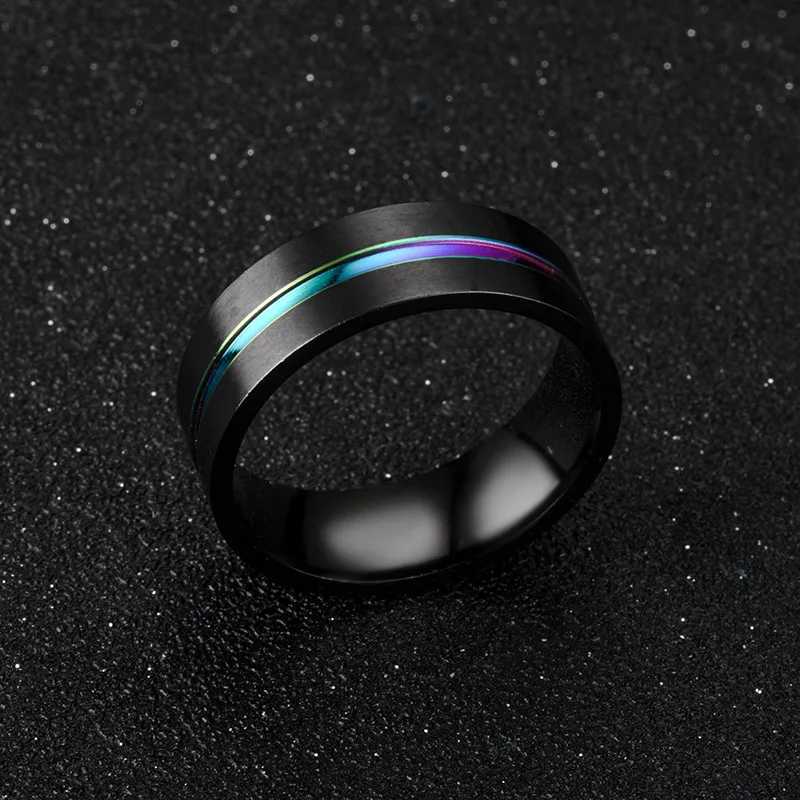 8MM Black Titanium Ring for Men Boys Simple Stainless steel Rings Trendy Rainbow Groove Rings Jewelry Accessories Gifts V250620